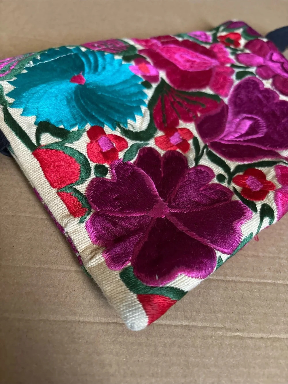 Mexican Boho Embroidered Floral Crossbody Bag in Pink & Teal w defects vintage - Picture 15 of 16
